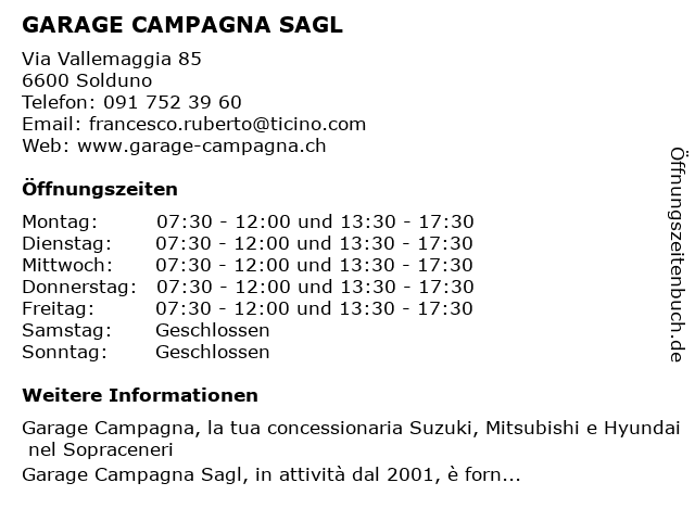GARAGE CAMPAGNA SAGL in Solduno: Adresse und Öffnungszeiten