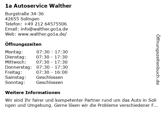 1a Autoservice Walther in Solingen: Adresse und Öffnungszeiten