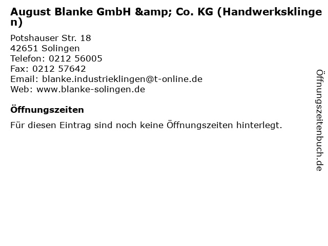 August Blanke GmbH & Co. KG (Handwerksklingen) in Solingen: Adresse und Öffnungszeiten
