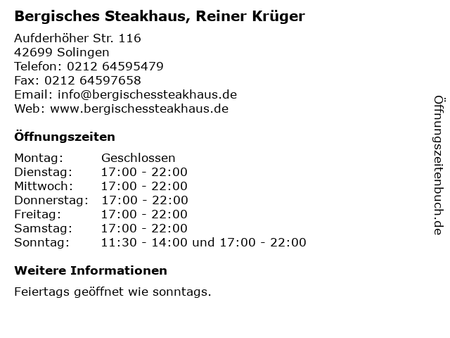 Bergisches Steakhaus, Reiner Krüger in Solingen: Adresse und Öffnungszeiten
