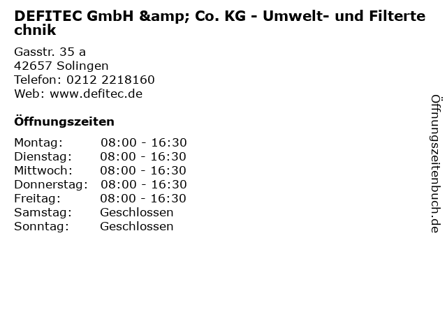 DEFITEC GmbH & Co. KG - Umwelt- und Filtertechnik in Solingen: Adresse und Öffnungszeiten