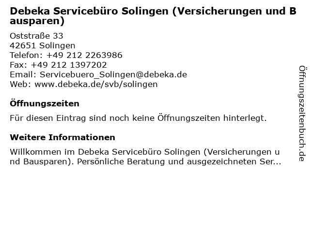 ᐅ Offnungszeiten Debeka Serviceburo Solingen Oststrasse 33 In Solingen