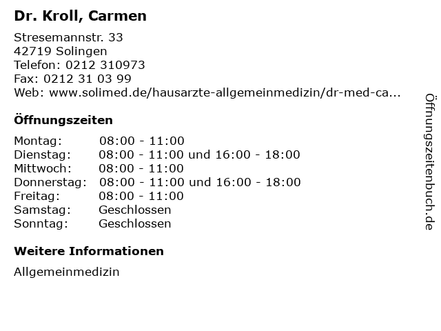 Dr. Kroll, Carmen in Solingen: Adresse und Öffnungszeiten