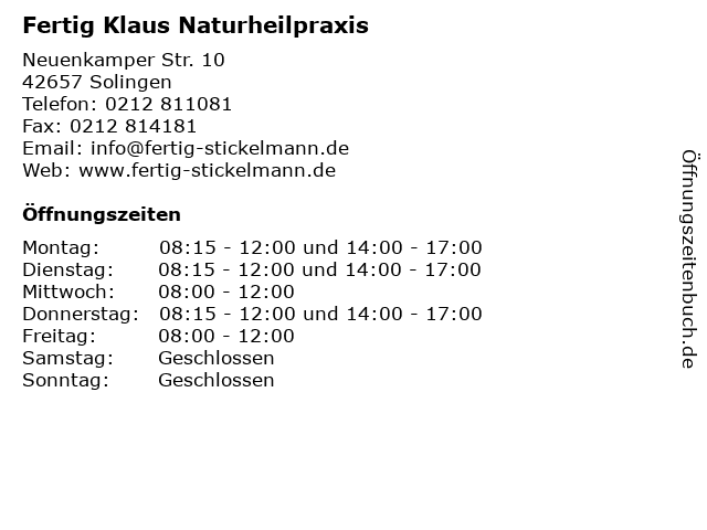 Fertig Klaus Naturheilpraxis in Solingen: Adresse und Öffnungszeiten