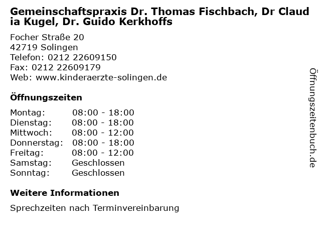 Gemeinschaftspraxis Dr. Thomas Fischbach, Dr Claudia Kugel, Dr. Guido Kerkhoffs in Solingen: Adresse und Öffnungszeiten
