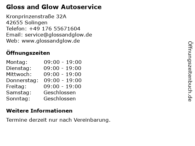 Gloss and Glow Autoservice in Solingen: Adresse und Öffnungszeiten