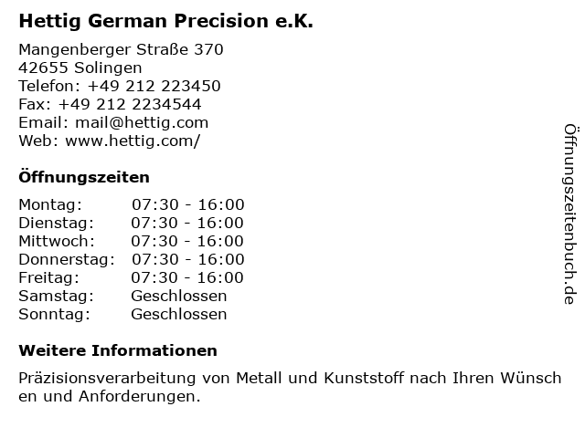 Hettig German Precision e.K. in Solingen: Adresse und Öffnungszeiten