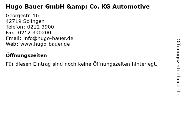 Hugo Bauer GmbH & Co. KG Automotive in Solingen: Adresse und Öffnungszeiten