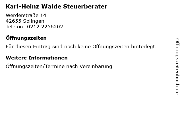 Karl-Heinz Walde Steuerberater in Solingen: Adresse und Öffnungszeiten
