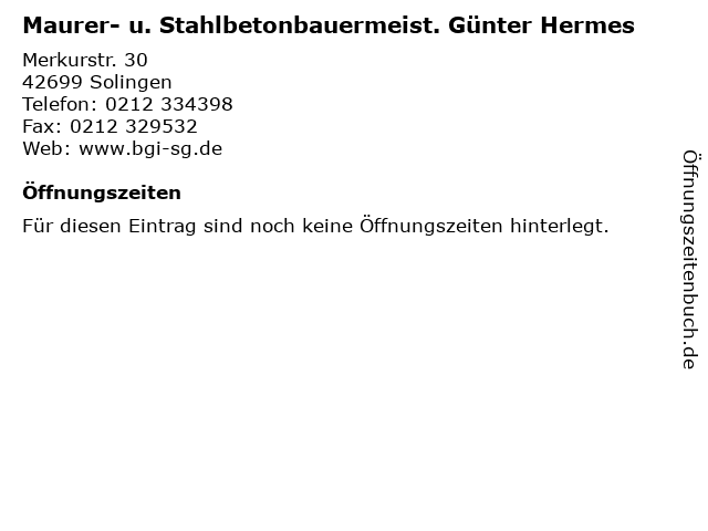 Maurer- u. Stahlbetonbauermeist. Günter Hermes in Solingen: Adresse und Öffnungszeiten