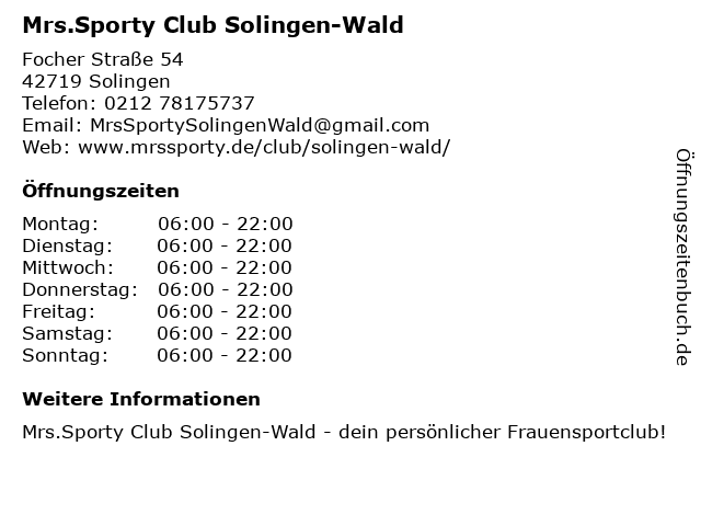 Mrs.Sporty Club Solingen-Wald in Solingen: Adresse und Öffnungszeiten