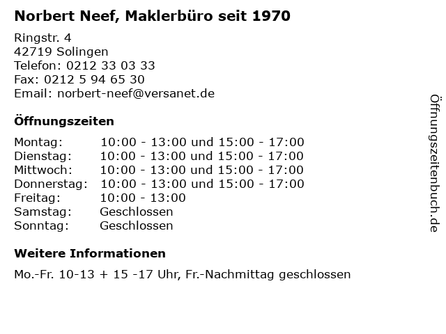 Norbert Neef, Maklerbüro seit 1970 in Solingen: Adresse und Öffnungszeiten