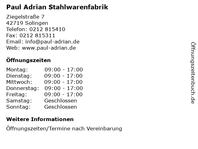Paul Adrian Stahlwarenfabrik in Solingen: Adresse und Öffnungszeiten