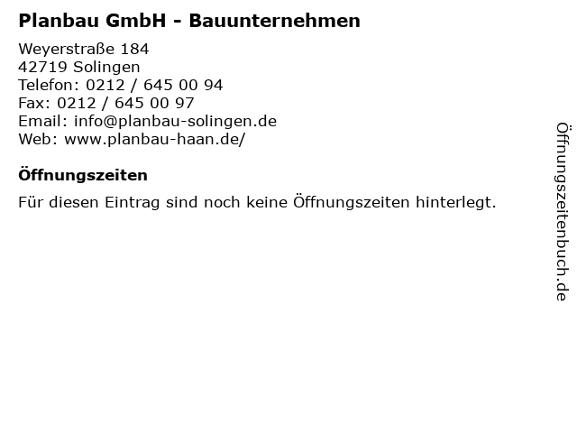 Planbau GmbH - Bauunternehmen in Solingen: Adresse und Öffnungszeiten