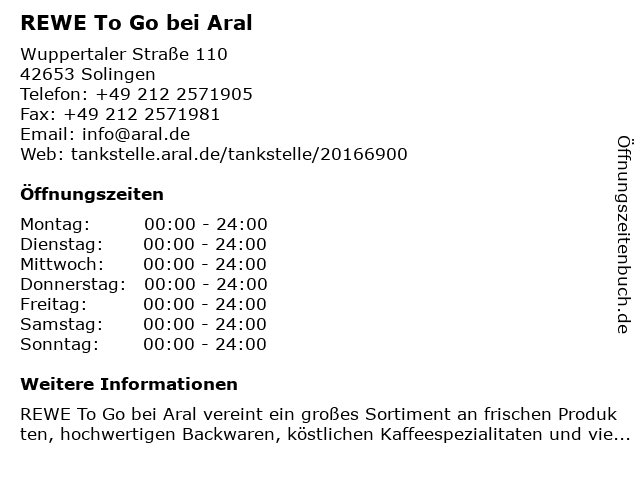 REWE To Go bei Aral in Solingen: Adresse und Öffnungszeiten