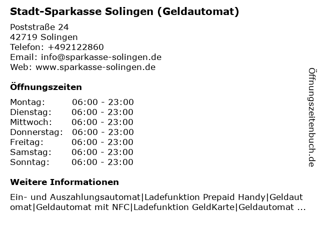 Stadt-Sparkasse Solingen (Geldautomat) in Solingen: Adresse und Öffnungszeiten