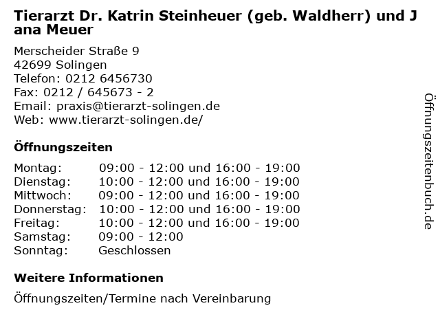 Tierarzt Dr. Katrin Steinheuer (geb. Waldherr) und Jana Meuer in Solingen: Adresse und Öffnungszeiten