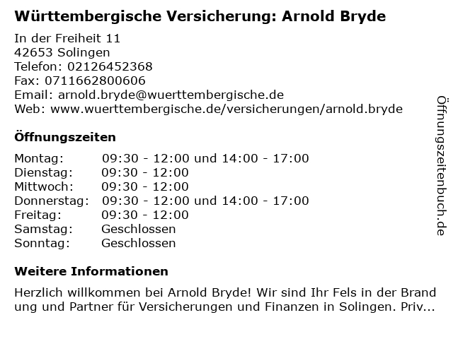 Württembergische Versicherung: Arnold Bryde in Solingen: Adresse und Öffnungszeiten