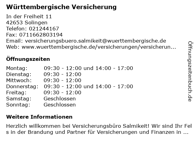 Württembergische Versicherung in Solingen: Adresse und Öffnungszeiten