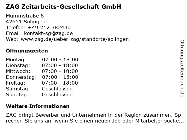 ZAG Zeitarbeits-Gesellschaft GmbH in Solingen: Adresse und Öffnungszeiten