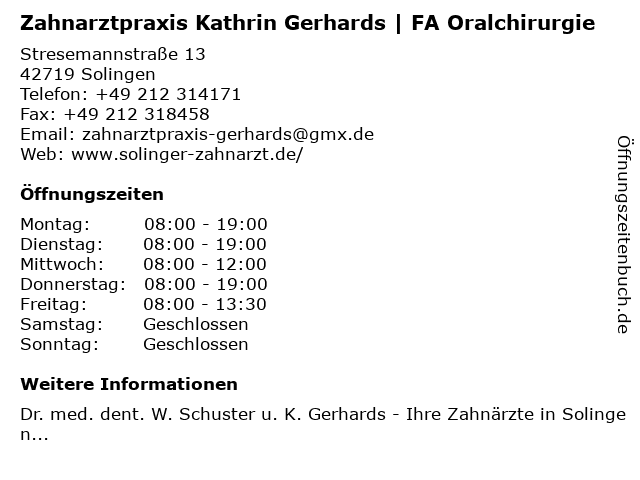 Zahnarztpraxis Kathrin Gerhards | FA Oralchirurgie in Solingen: Adresse und Öffnungszeiten