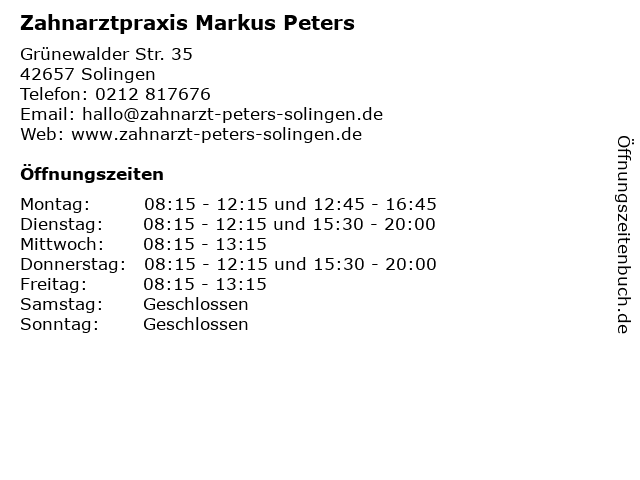 Zahnarztpraxis Markus Peters in Solingen: Adresse und Öffnungszeiten