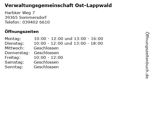 Verwaltungsgemeinschaft Ost-Lappwald in Sommersdorf: Adresse und Öffnungszeiten