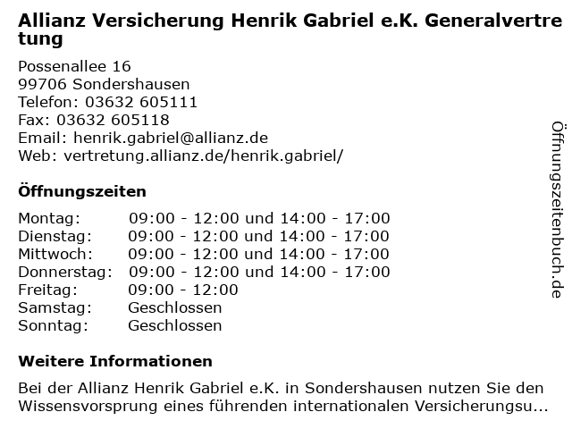 Allianz Versicherung Henrik Gabriel e.K. Generalvertretung in Sondershausen: Adresse und Öffnungszeiten