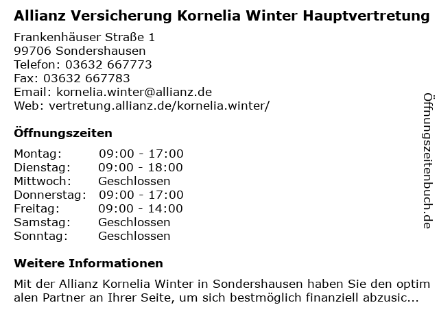 Allianz Versicherung Kornelia Winter Hauptvertretung in Sondershausen: Adresse und Öffnungszeiten