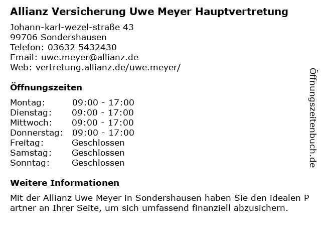 Allianz Versicherung Uwe Meyer Hauptvertretung in Sondershausen: Adresse und Öffnungszeiten