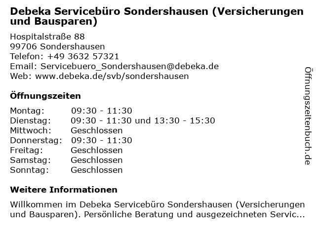 Debeka Servicebüro Sondershausen (Versicherungen und Bausparen) in Sondershausen: Adresse und Öffnungszeiten