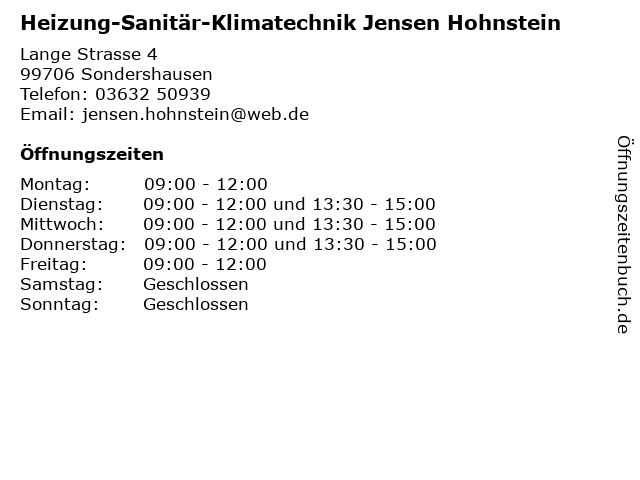 Heizung-Sanitär-Klimatechnik Jensen Hohnstein in Sondershausen: Adresse und Öffnungszeiten