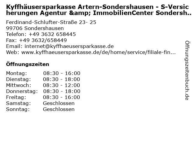 Kyffhäusersparkasse Artern-Sondershausen - S-Versicherungen Agentur & ImmobilienCenter Sondershausen in Sondershausen: Adresse und Öffnungszeiten