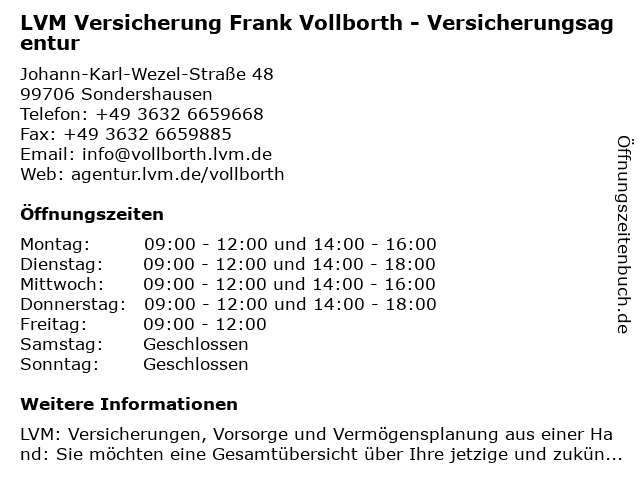 LVM Versicherung Frank Vollborth - Versicherungsagentur in Sondershausen: Adresse und Öffnungszeiten