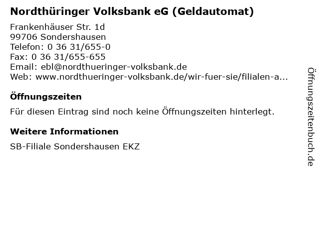 Nordthüringer Volksbank eG (Geldautomat) in Sondershausen: Adresse und Öffnungszeiten