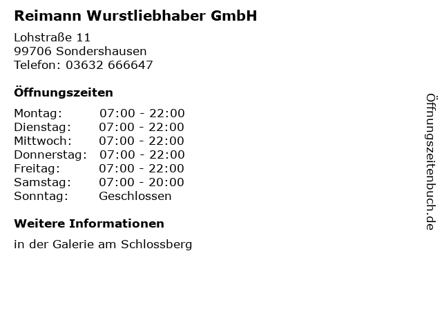 Reimann Wurstliebhaber GmbH in Sondershausen: Adresse und Öffnungszeiten