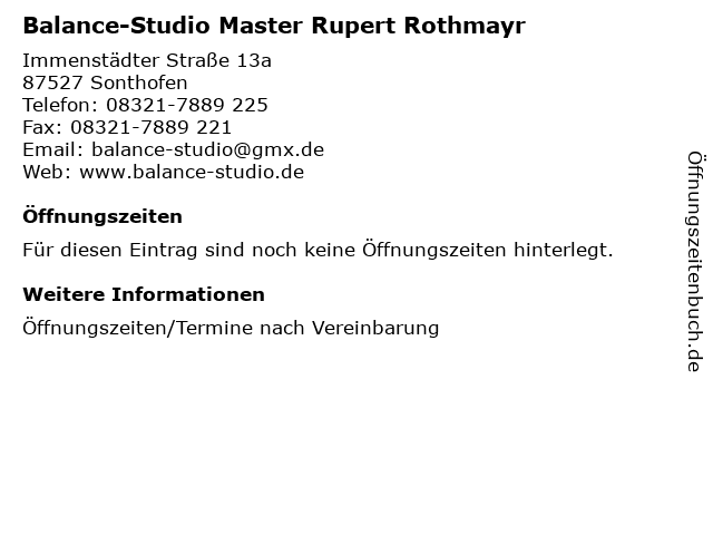 Balance-Studio Master Rupert Rothmayr in Sonthofen: Adresse und Öffnungszeiten
