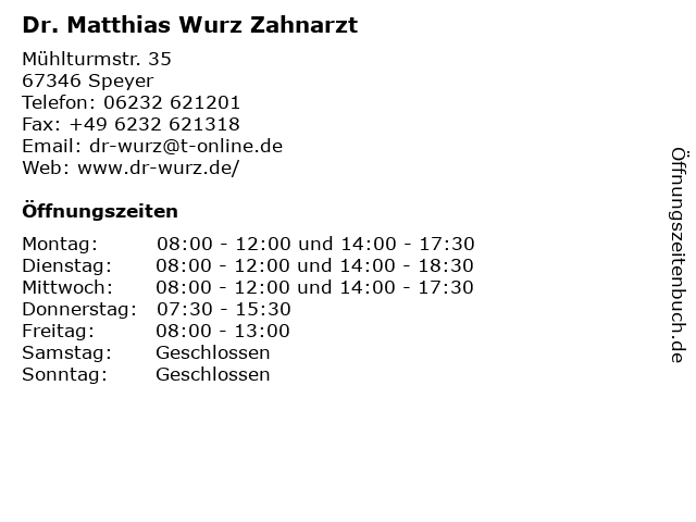 Dr. Matthias Wurz Zahnarzt in Speyer: Adresse und Öffnungszeiten