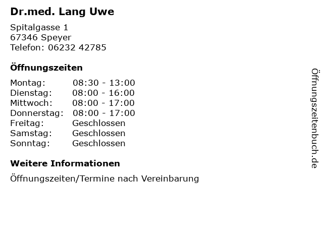 Dr.med. Lang Uwe in Speyer: Adresse und Öffnungszeiten