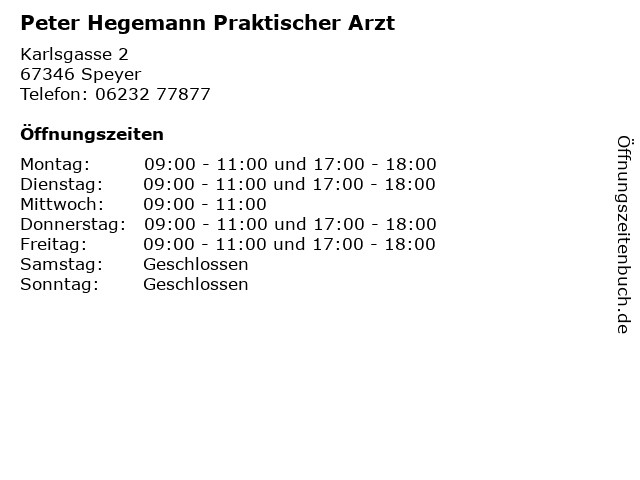 Peter Hegemann Praktischer Arzt in Speyer: Adresse und Öffnungszeiten