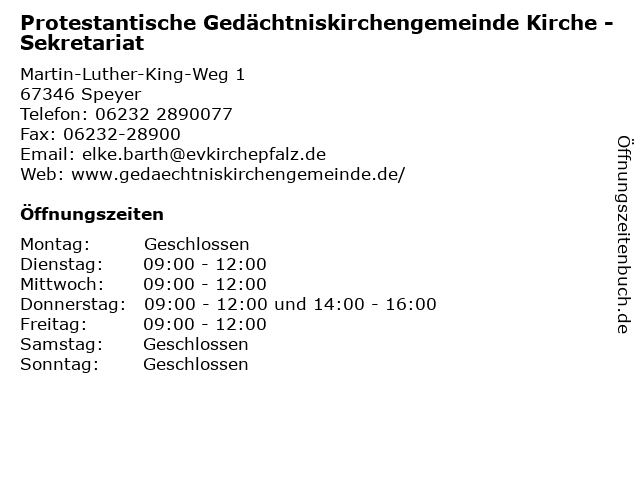 Protestantische Gedächtniskirchengemeinde Kirche - Sekretariat in Speyer: Adresse und Öffnungszeiten