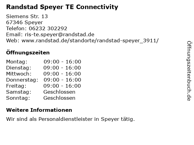 ᐅ Offnungszeiten Randstad Inhouse Services Speyer Siemens Str 13 In Speyer
