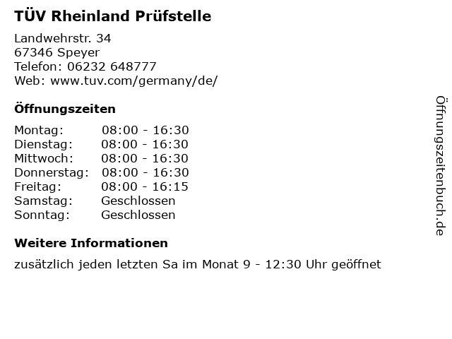 TÜV Rheinland Prüfstelle in Speyer: Adresse und Öffnungszeiten