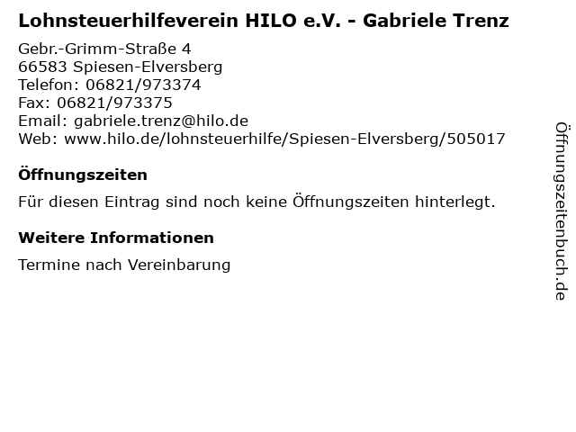 Lohnsteuerhilfeverein HILO e.V. - Gabriele Trenz in Spiesen-Elversberg: Adresse und Öffnungszeiten