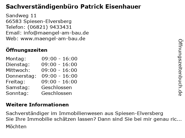 Sachverständigenbüro Patrick Eisenhauer in Spiesen-Elversberg: Adresse und Öffnungszeiten