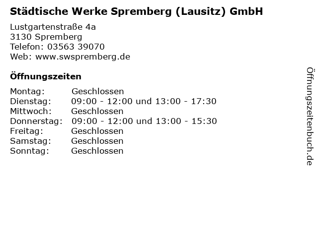 Städtische Werke Spremberg (Lausitz) GmbH in Spremberg: Adresse und Öffnungszeiten