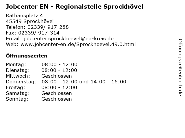 Jobcenter EN - Regionalstelle Sprockhövel in Sprockhövel: Adresse und Öffnungszeiten