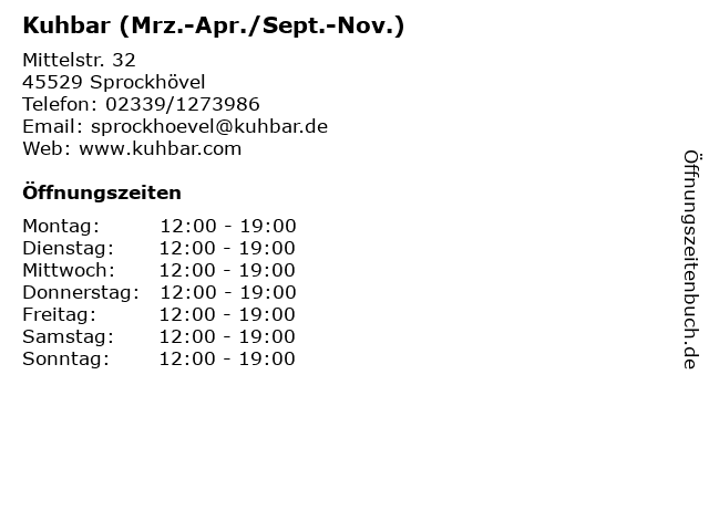 Kuhbar (Mrz.-Apr./Sept.-Nov.) in Sprockhövel: Adresse und Öffnungszeiten