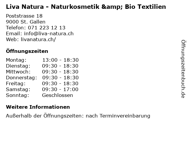Liva Natura - Naturkosmetik & Bio Textilien in St. Gallen: Adresse und Öffnungszeiten