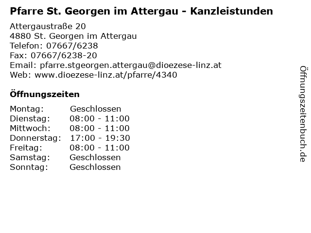 Pfarre St. Georgen im Attergau - Kanzleistunden in St. Georgen im Attergau: Adresse und Öffnungszeiten